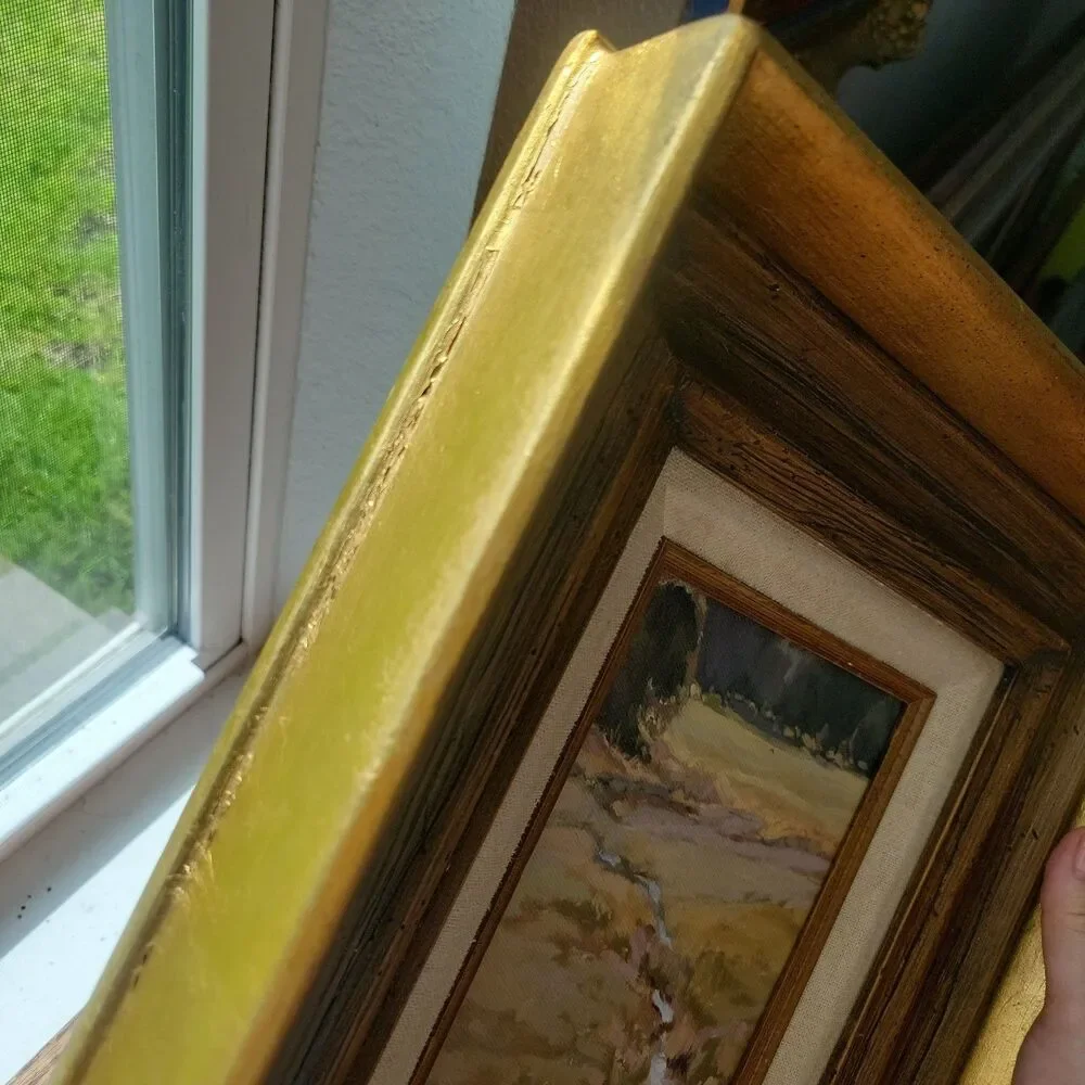 Vtg Multi Tiered gilded picture art frame Linen Matting Landscape print on Board